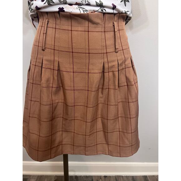 Misc Paperbag Skirt Brown/Red plaid pleated ruffle women’s L Academia Preppy NWT - Picture 1 of 5